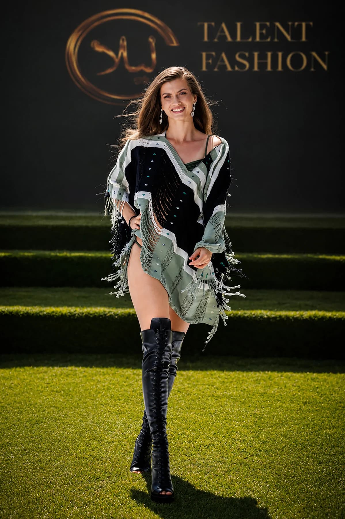 Model walking in an embellished fringed outfit and tall black boots