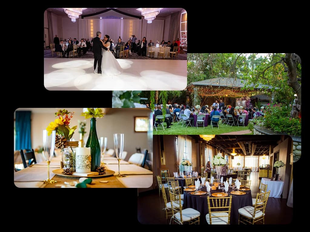 Collage of a reception dance, garden ceremony, table details, and a decorated event room