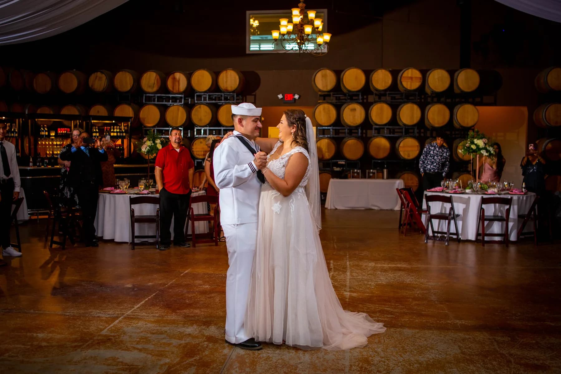 Deidriana and Gustavo dancing in the barrel room