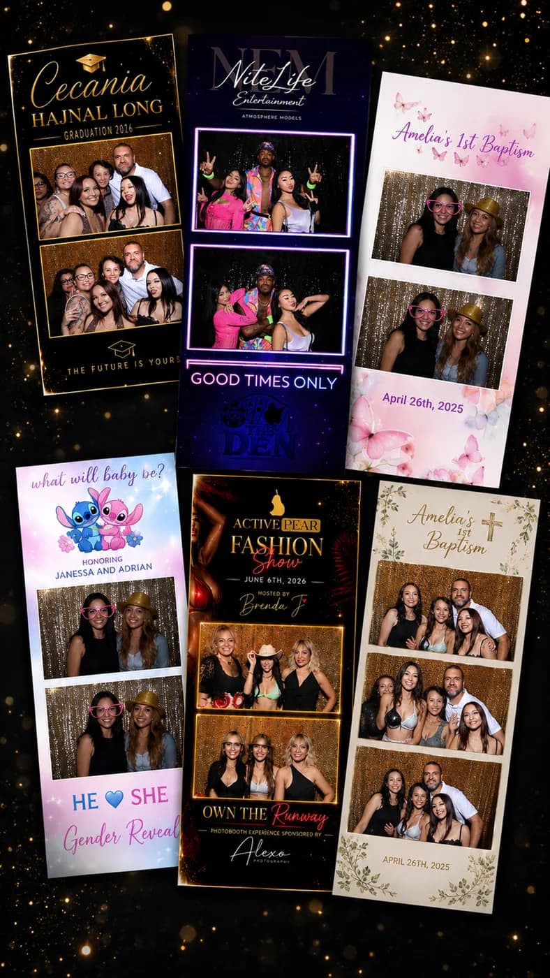 Collection of personalized photobooth photo layouts created for different celebrations