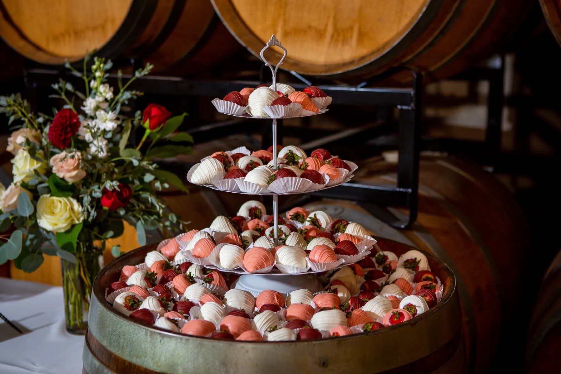 Dessert display arranged inside the Leoness Cellars barrel room