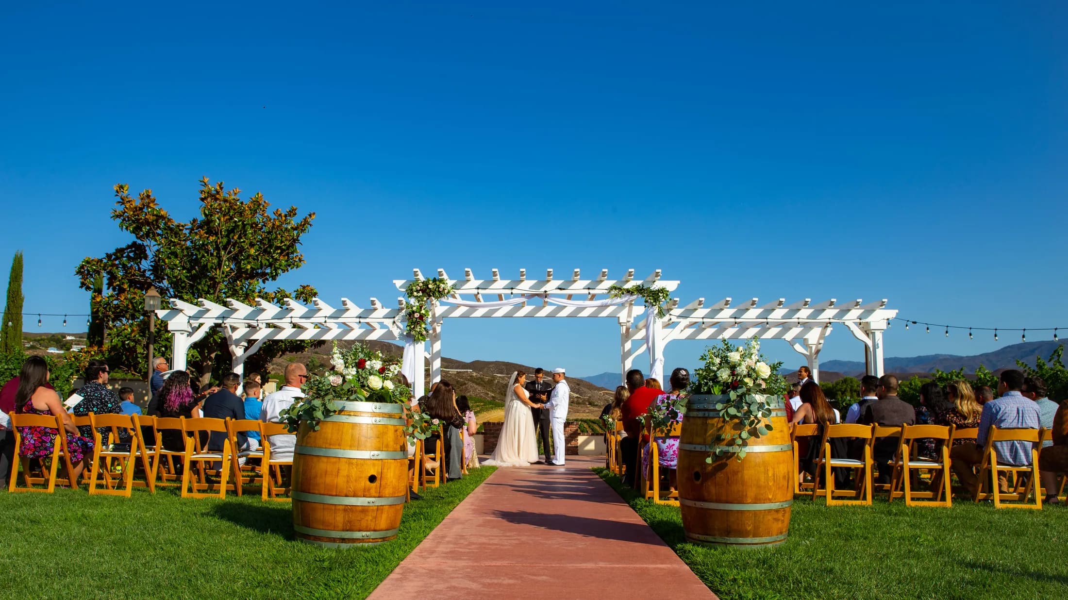 Outdoor ceremony lawn overlooking vineyard rows at Leoness Cellars