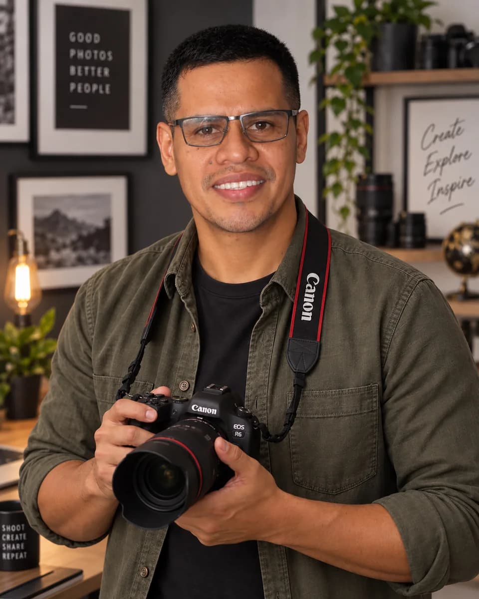 Mario G., owner and lead photographer of Alexo Photography, holding a camera