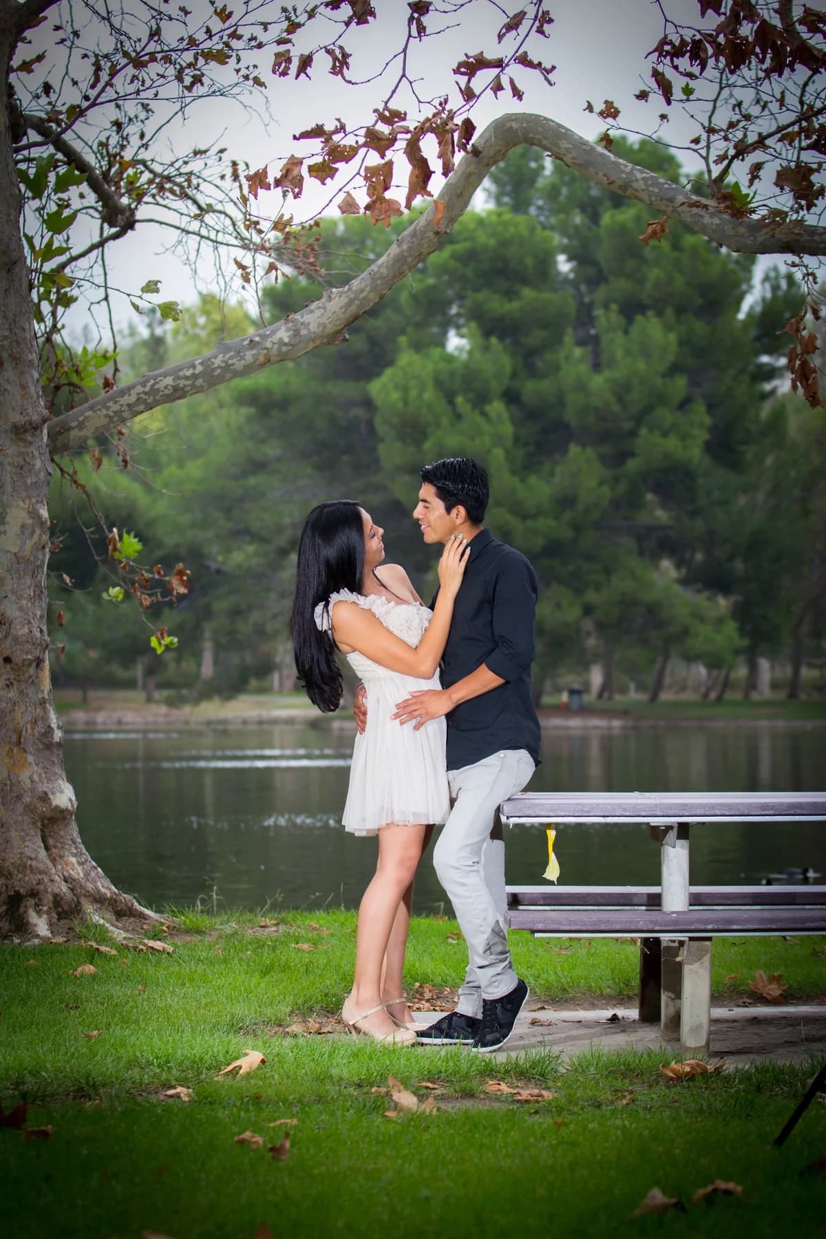Couple standing beneath a broad tree beside a lake
