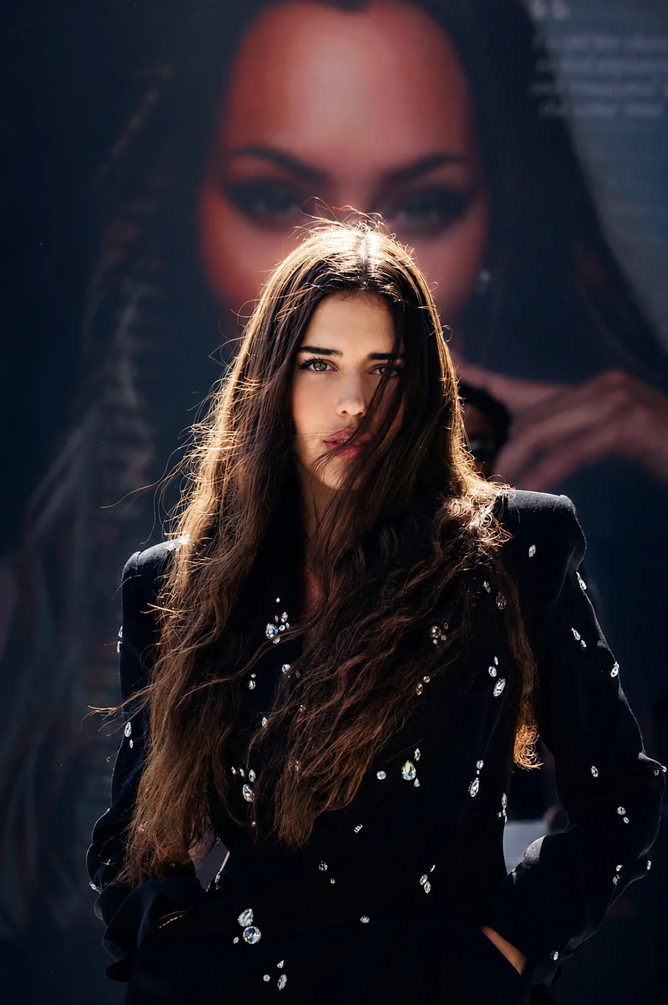 Fashion model in a crystal-detailed black jacket photographed with dramatic backlighting