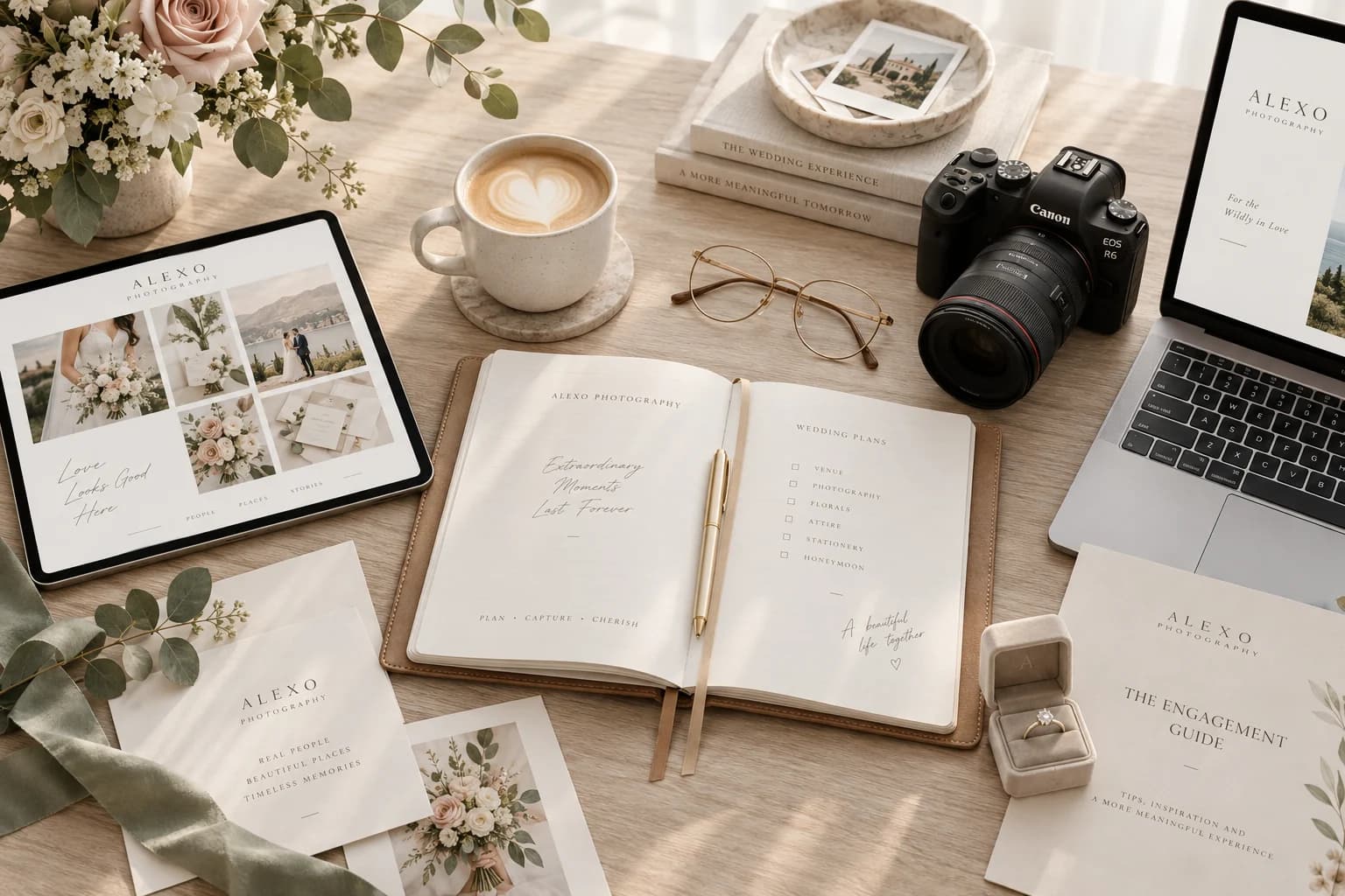 Wedding planning flat lay with flowers, a notebook, camera, coffee, and an engagement ring