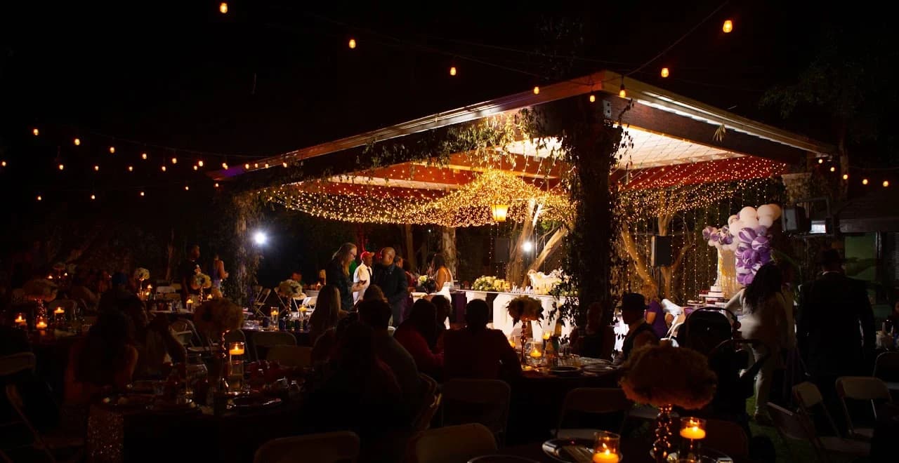 Reception canopy and garden lights after dark